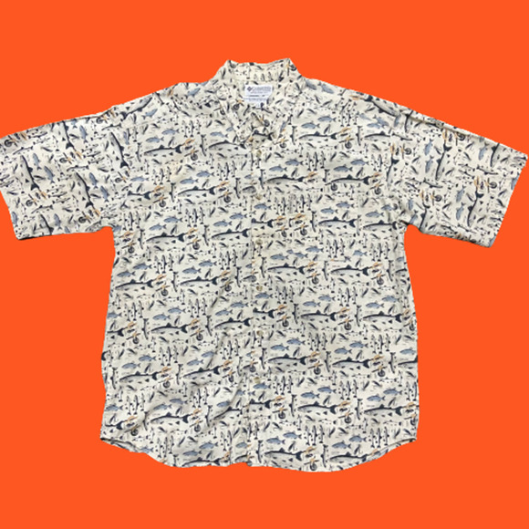 Columbia Vintage Fish Lure Print  Cream Button Down Shirt Men's Size XL - Picture 1 of 8